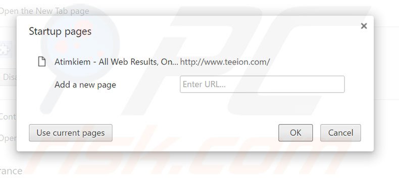 Removing teeion.com from Google Chrome homepage