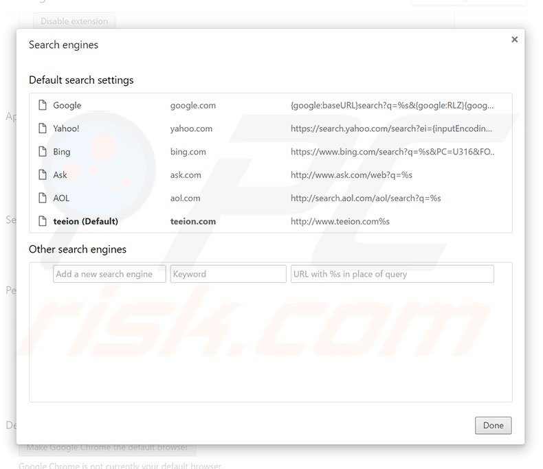Removing teeion.com from Google Chrome default search engine