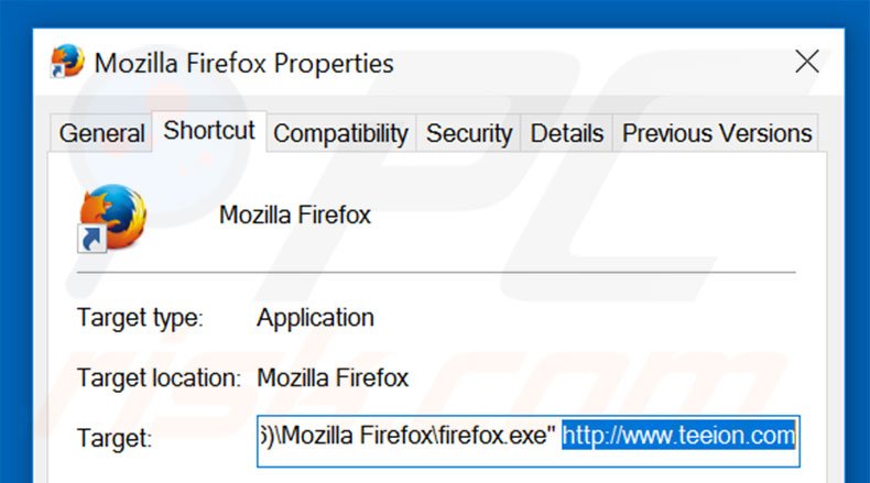 Removing teeion.com from Mozilla Firefox shortcut target step 2