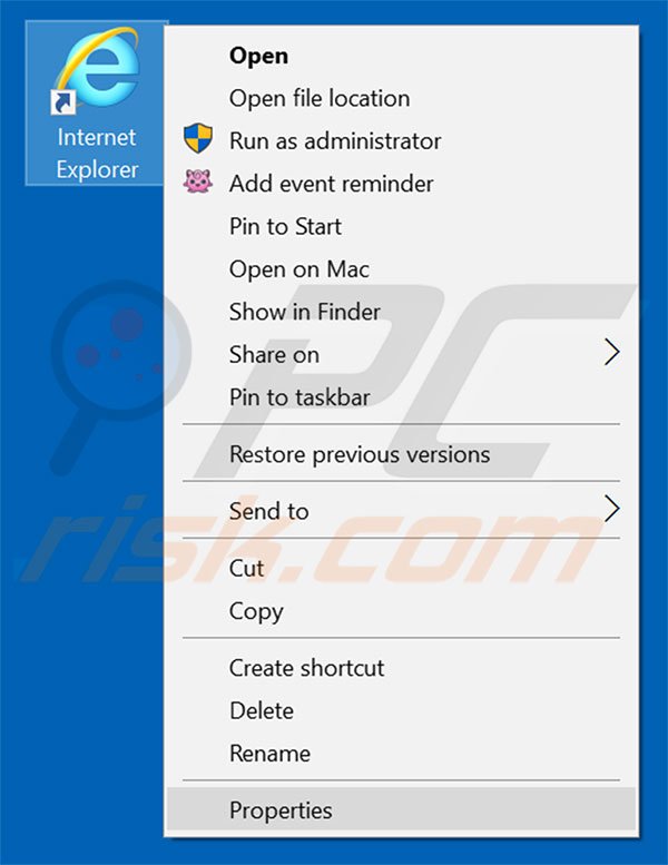 Removing teeion.com from Internet Explorer shortcut target step 1