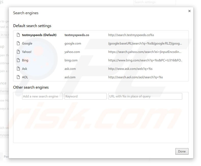 Removing search.testmyspeeds.co from Google Chrome default search engine