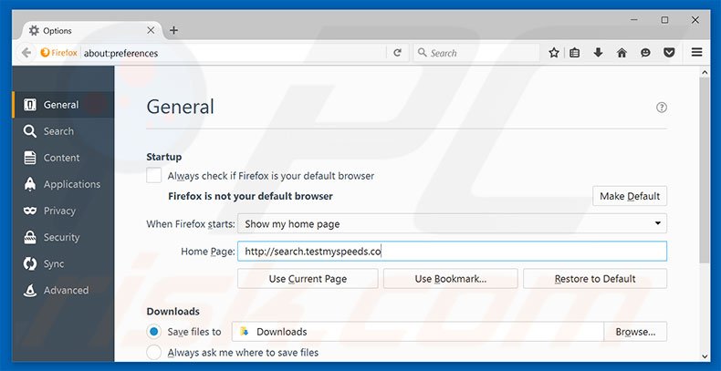 Removing search.testmyspeeds.co from Mozilla Firefox homepage