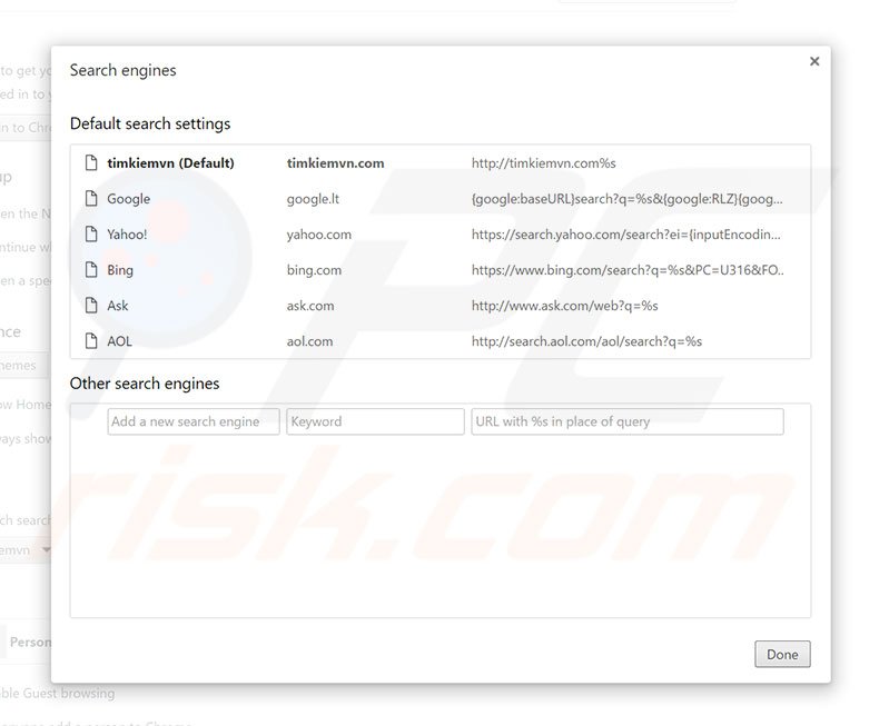Removing timkiemvn.com from Google Chrome default search engine
