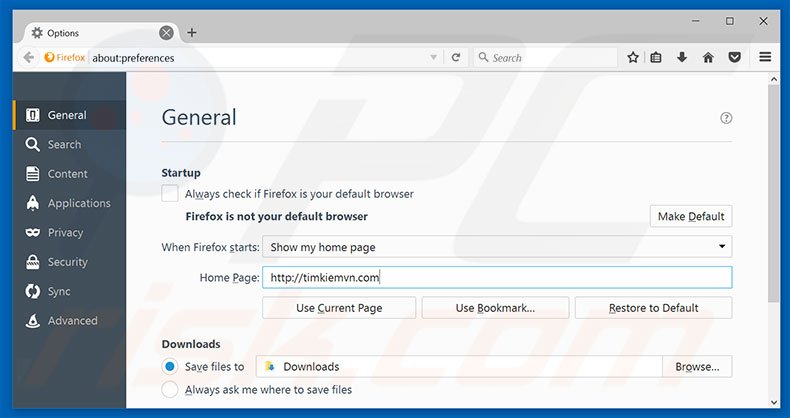 Removing timkiemvn.com from Mozilla Firefox homepage