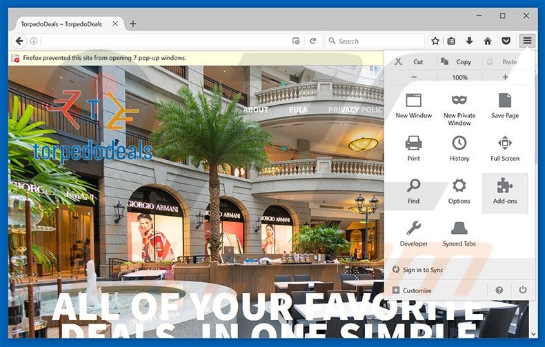 Removing Torpedo Deals ads from Mozilla Firefox step 1