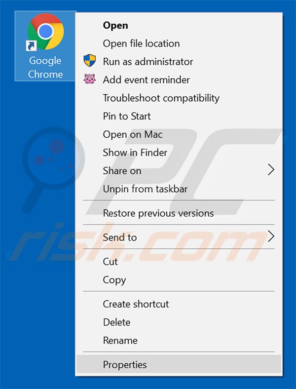 Removing traff-1.ru from Google Chrome shortcut target step 1