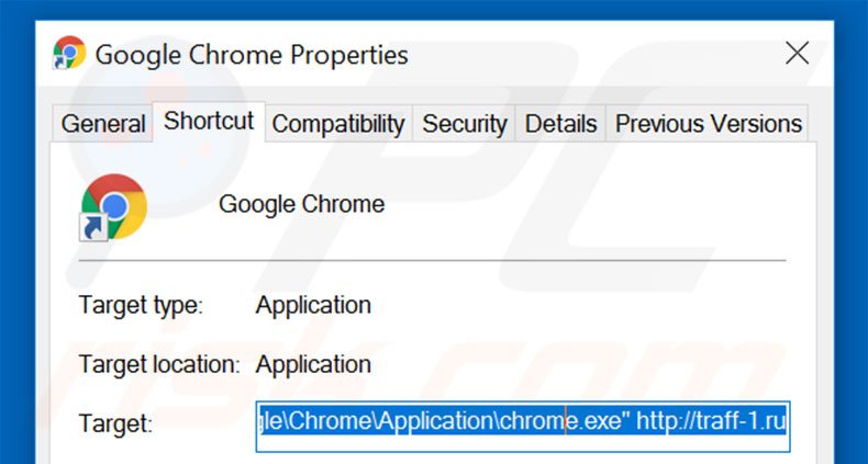 Removing traff-1.ru from Google Chrome shortcut target step 2