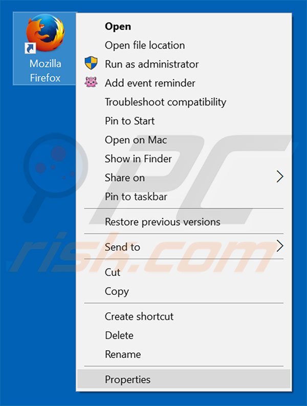 Removing traff-1.ru from Mozilla Firefox shortcut target step 1