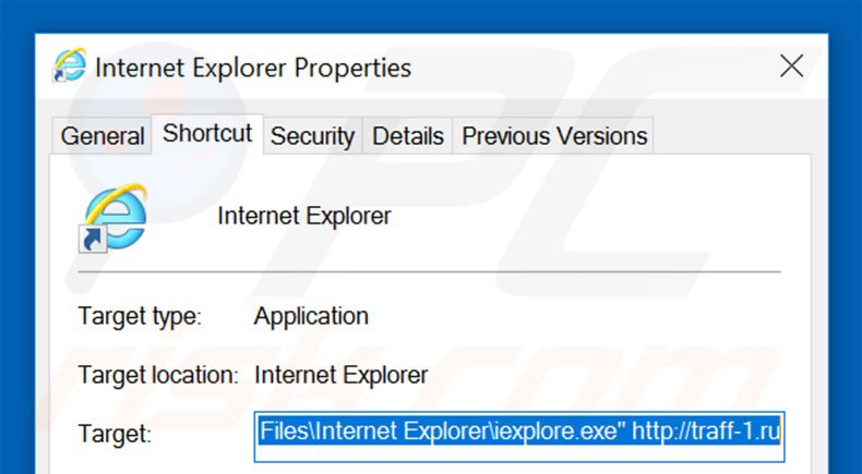 Removing traff-1.ru from Internet Explorer shortcut target step 2