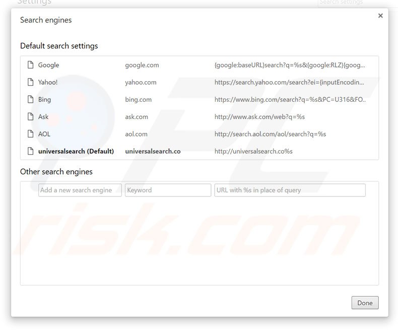 Removing universalsearch.co from Google Chrome default search engine