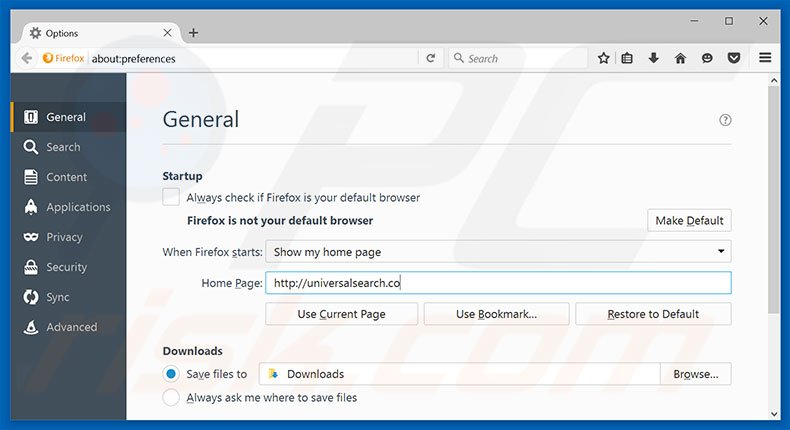 Removing universalsearch.co from Mozilla Firefox homepage