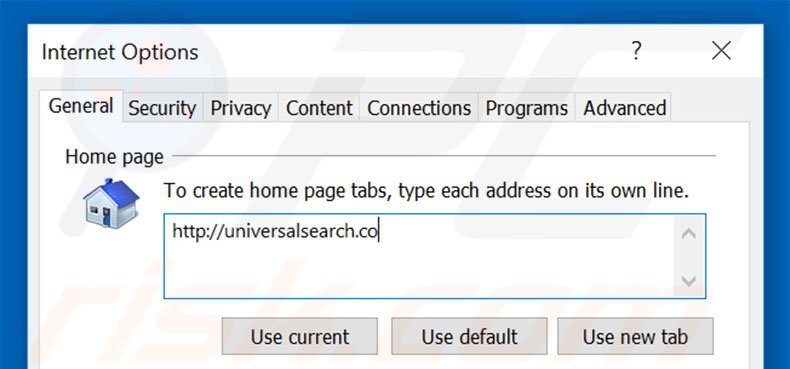 Removing universalsearch.co from Internet Explorer homepage