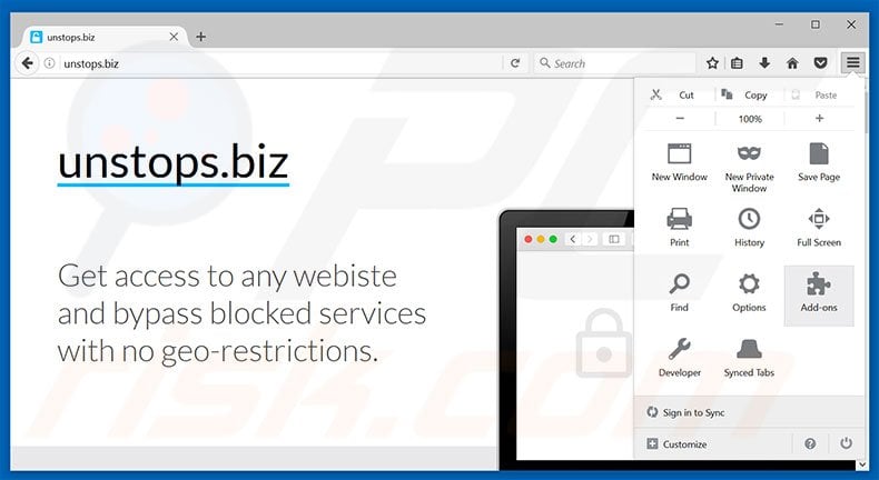 Removing unstops.biz ads from Mozilla Firefox step 1