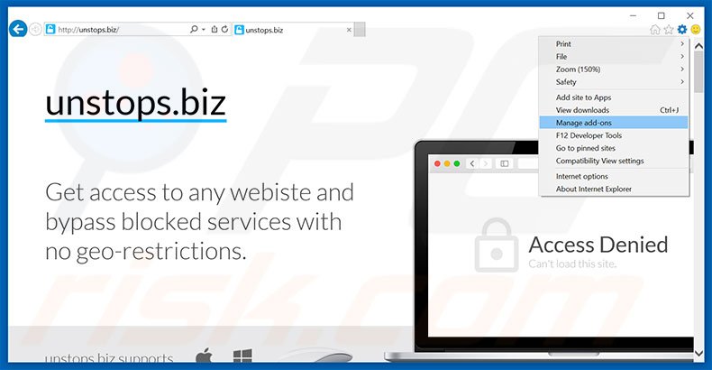 Removing unstops.biz ads from Internet Explorer step 1