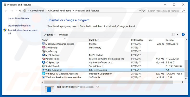 Video Abductor adware uninstall via Control Panel