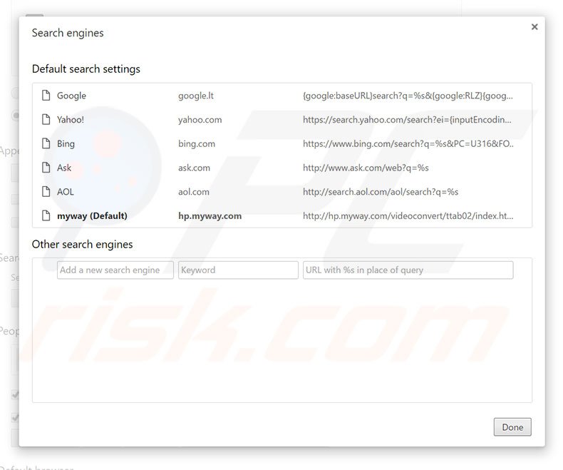 Removing hp.myway.com from Google Chrome default search engine