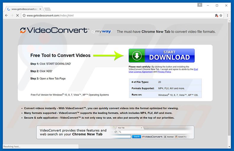 Website used to promote VideoConvert browser hijacker