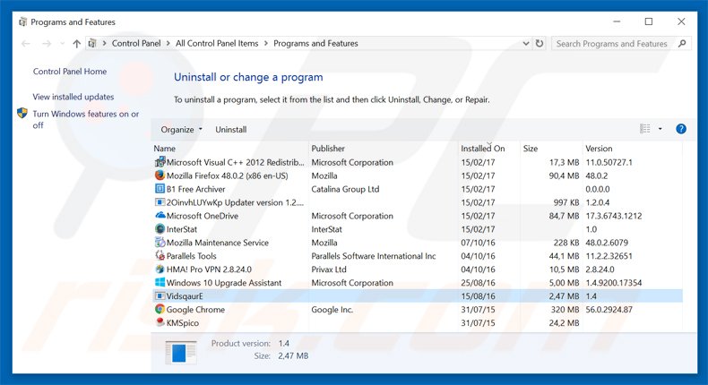 vidsqaure adware uninstall via Control Panel