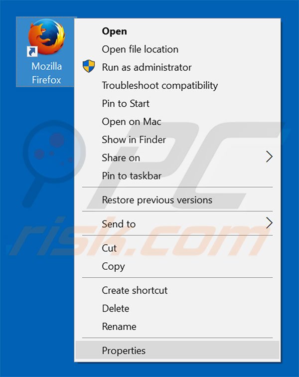 Removing search.volfind.com from Mozilla Firefox shortcut target step 1