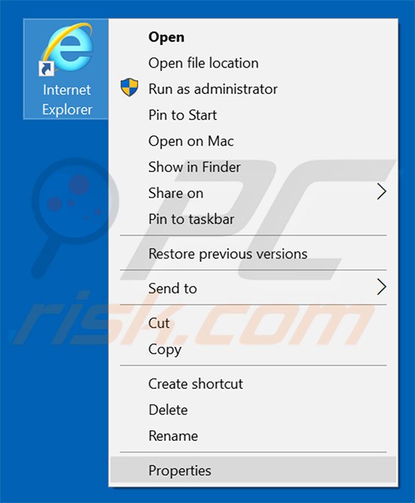 Removing search.volfind.com from Internet Explorer shortcut target step 1