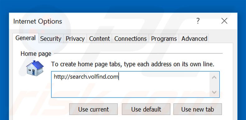 Removing search.volfind.com from Internet Explorer homepage