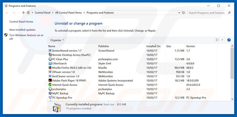 search.volfind.com browser hijacker uninstall via Control Panel