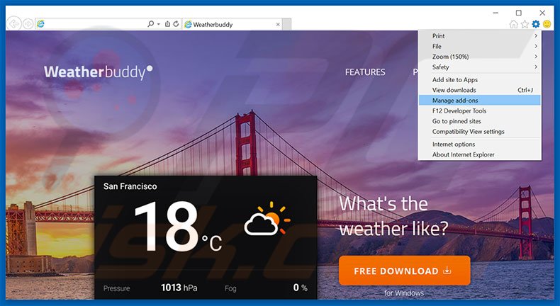 Removing WeatherBuddy ads from Internet Explorer step 1