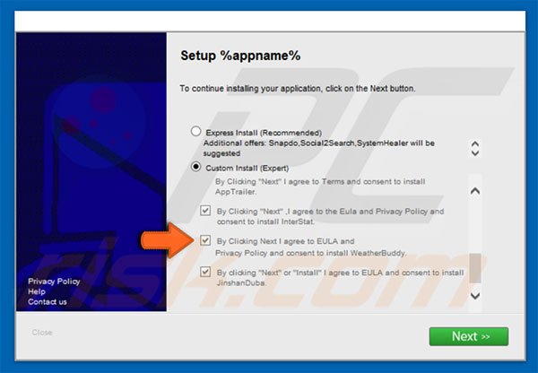 Deceptive setup distributing WeatherBuddy adware