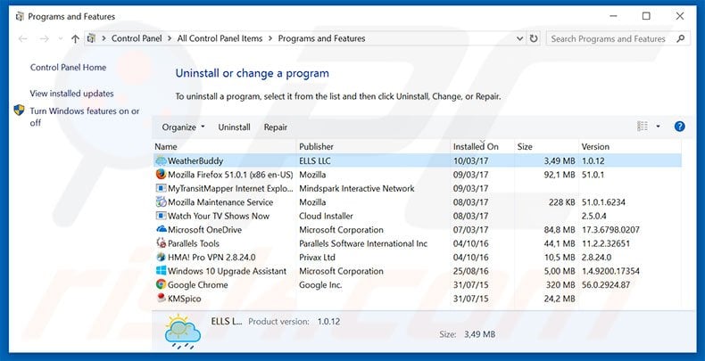 WeatherBuddy adware uninstall via Control Panel