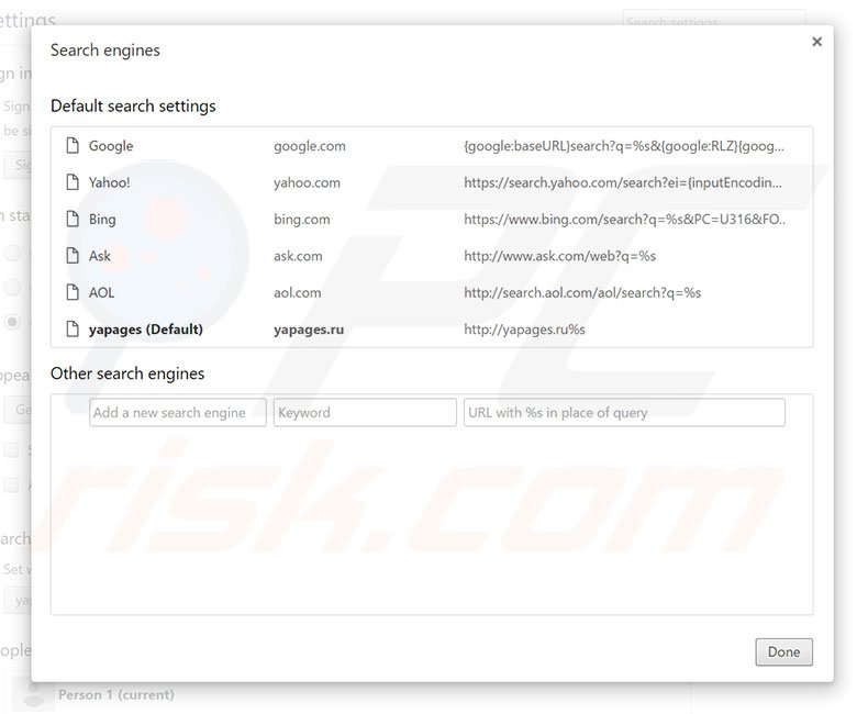 Removing yapages.ru from Google Chrome default search engine