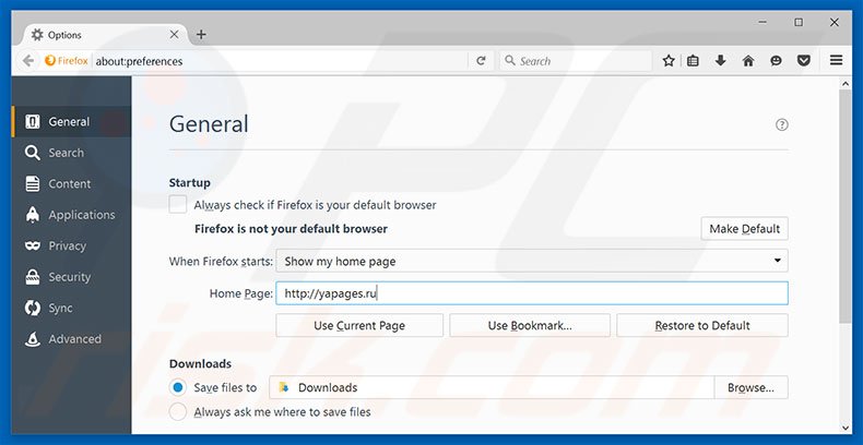 Removing yapages.ru from Mozilla Firefox homepage