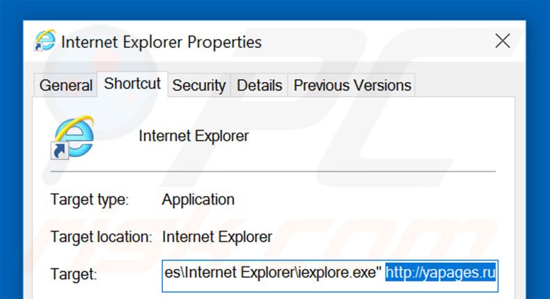 Removing yapages.ru from Internet Explorer shortcut target step 2