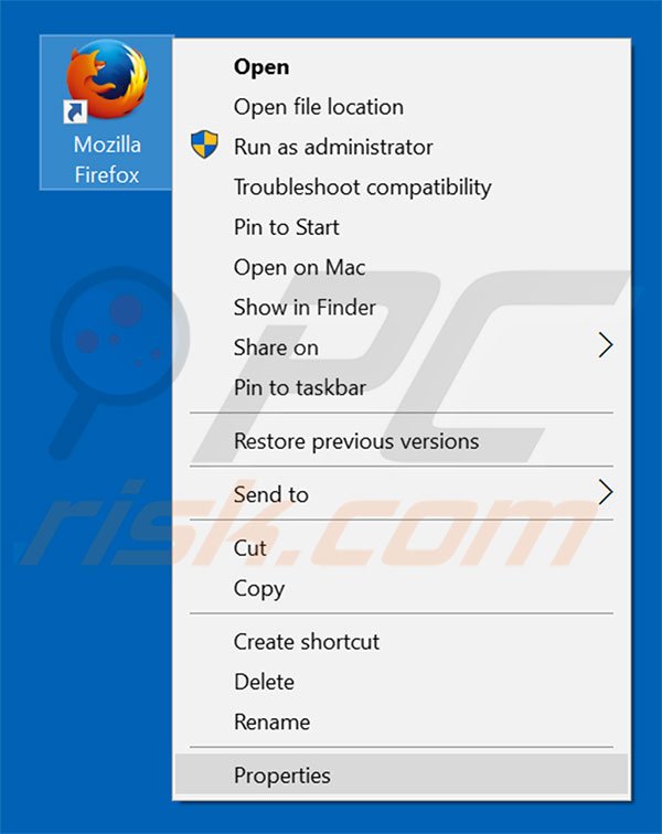 Removing zhinku.info from Mozilla Firefox shortcut target step 1