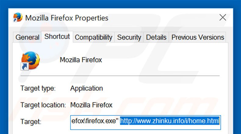 Removing zhinku.info from Mozilla Firefox shortcut target step 2