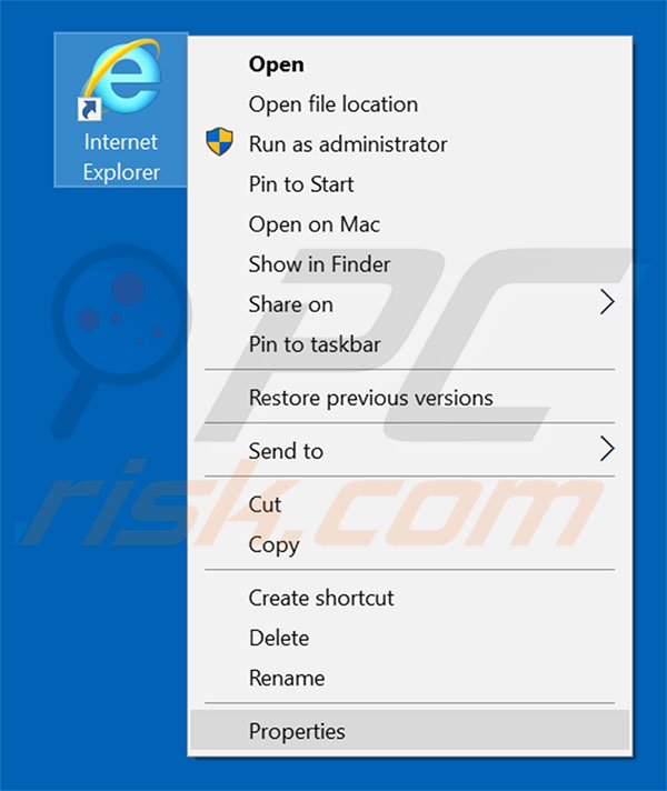 Removing zhinku.info from Internet Explorer shortcut target step 1