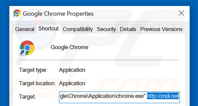 Removing zridi.net from Google Chrome shortcut target step 2