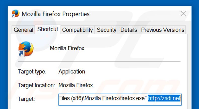 Removing zridi.net from Mozilla Firefox shortcut target step 2