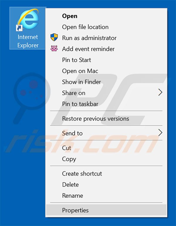 Removing zridi.net from Internet Explorer shortcut target step 1