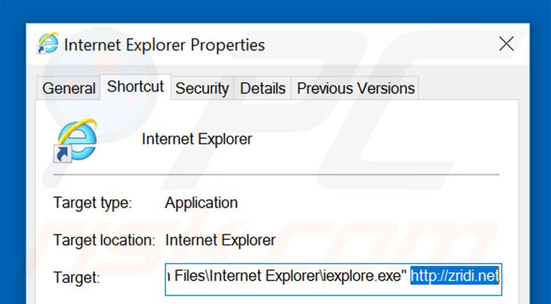 Removing zridi.net from Internet Explorer shortcut target step 2