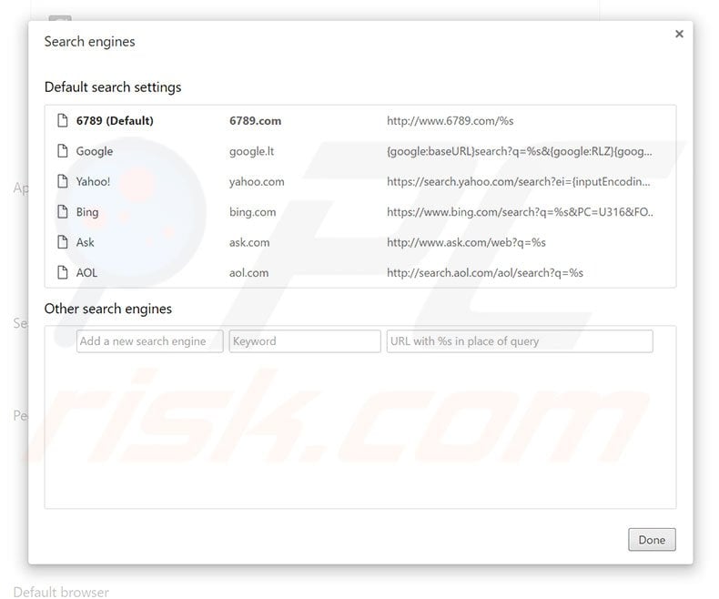 Removing 6789.com from Google Chrome default search engine