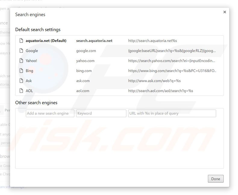 Removing search.aquatoria.net from Google Chrome default search engine