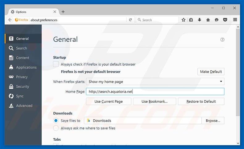 Removing search.aquatoria.net from Mozilla Firefox homepage