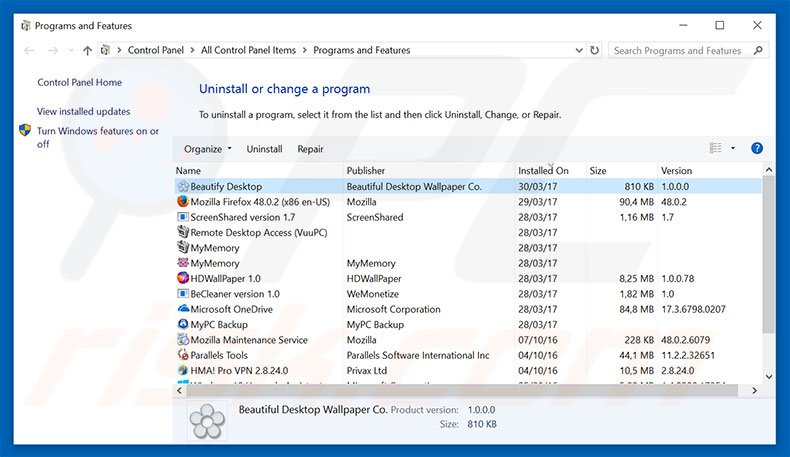 Beautiful Desktop adware uninstall via Control Panel