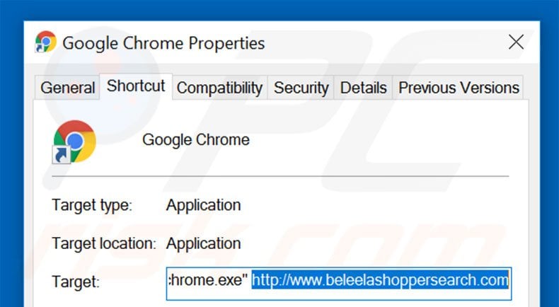 Removing beleelashoppersearch.com from Google Chrome shortcut target step 2