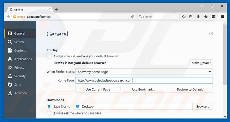Removing beleelashoppersearch.com from Mozilla Firefox homepage