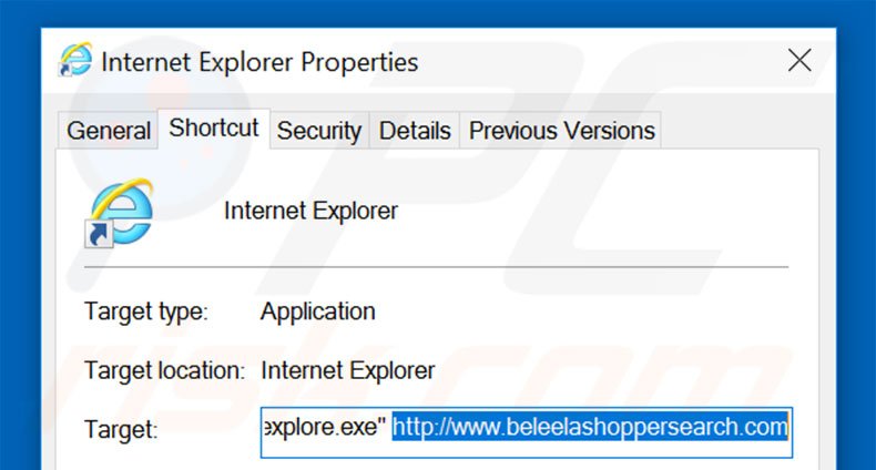 Removing beleelashoppersearch.com from Internet Explorer shortcut target step 2