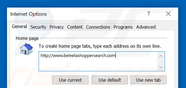 Removing beleelashoppersearch.com from Internet Explorer homepage