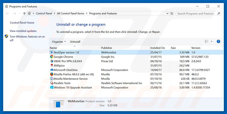 BestZiper adware uninstall via Control Panel