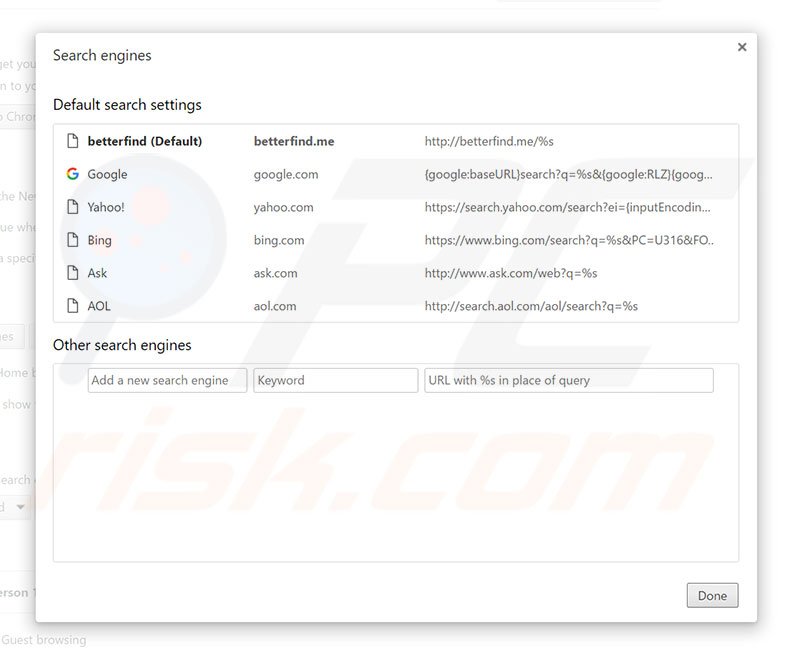 Removing betterfind.me from Google Chrome default search engine