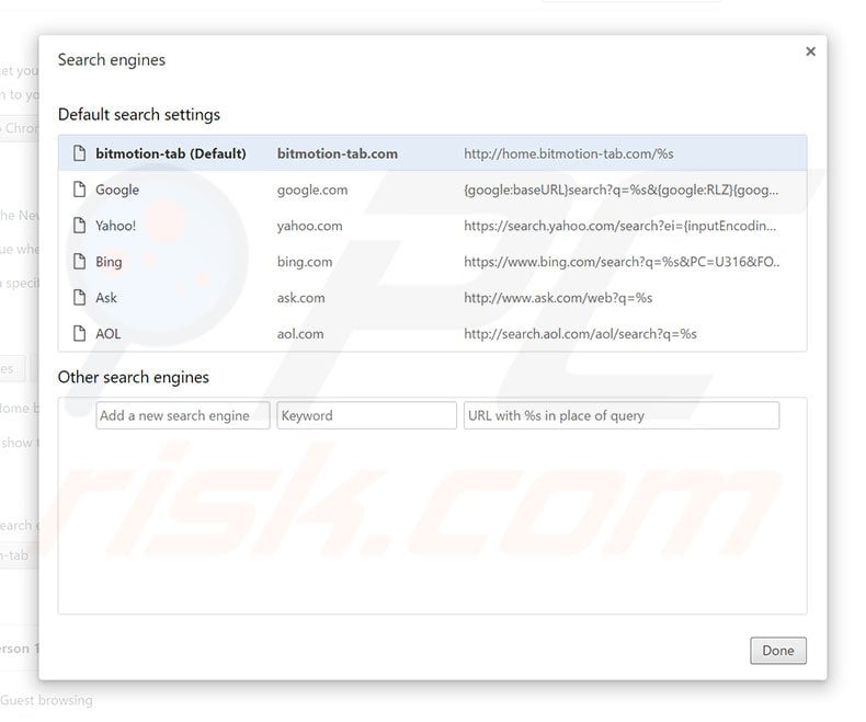 Removing home.bitmotion-tab.com from Google Chrome default search engine